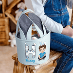 Personalized Cartoon Character Canvas Striped Basket with Name and Initial Party Favor Eggs Hunting Easter Gift for Kids