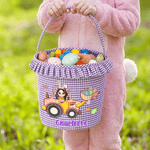 Personalised Excavator Cartoon Character Plaid Easter Basket with Name Easter Party Favor Eggs Hunting Gift for Boys Girls