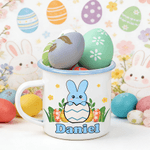 Personalised Cute Easter Bunny Egg Design 12 oz Coloured Rim Enamel Mug with Name Easter Birthday Gift for Boys Girls