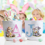 Personalized Cartoon Bunny Flower Basket Canvas Easter Basket with Name and Initial Egg Hunting Accessories Easter Gift for Boys Girls