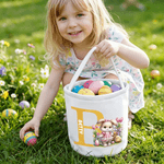 Personalized Cartoon Bunny Flower Basket Canvas Easter Basket with Name and Initial Egg Hunting Accessories Easter Gift for Boys Girls