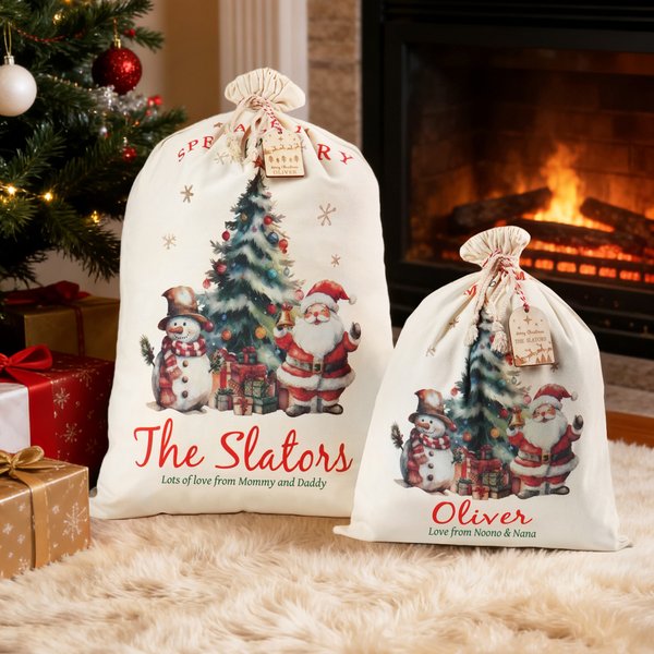 Personalised Santa Claus Snowman  Christmas Tree Drawstring Gift Bag with Name and Wooden Tag Christmas Gift for Kids