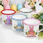 Personalised Cute Easter Bunny Egg Design 12 oz Coloured Rim Enamel Mug with Name Easter Birthday Gift for Boys Girls