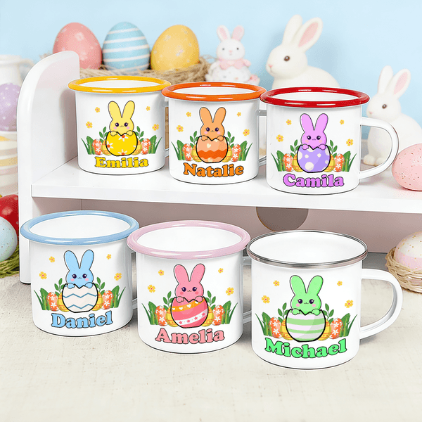 Personalized Cute Easter Bunny Egg Design 12 oz Colored Rim Enamel Mug with Name Easter Birthday Gift for Boys Girls