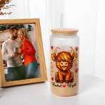 Personalized Cute Highland Cow 20 oz Frosted Clear Glass Cup with Name and Straw Valentine's Day Birthday Gift for Couple
