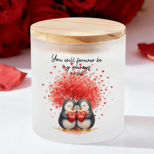 Personalized Cartoon Couple Penguin Heart LED Candle Jar  with Title and Name Home Decor Valentine's Day Anniversary Gift for Couple