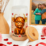 Personalized Cute Highland Cow 20 oz Frosted Clear Glass Cup with Name and Straw Valentine's Day Birthday Gift for Couple