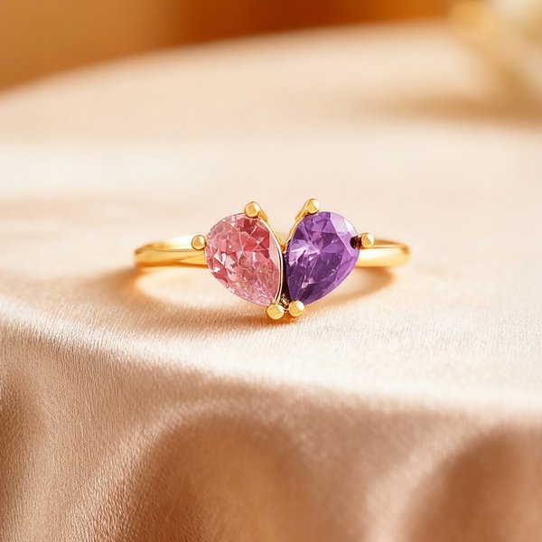 Personalised Heart Double Birthstones Ring Dainty Jewellery Birthday Valentine's Day Anniversary Mother's Day Gift for Women