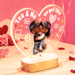 Personalized Cartoon Kissing Couple Heart Acrylic LED Night Light with Name Title Year and Wooden Base Home Decor Valentine's Day Gift for Couple