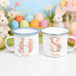 Gepersonaliseerde Watercolor Paashaas Bloemen Initiaal 12 oz Gekleurde Rand Emaille Mok met Naam Pasen Verjaardagscadeau voor Kinderen Meisjes
