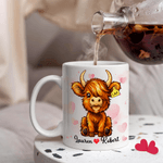 Personalized Love Heart Highland Cow Ceramic Coffee Mug with Name Daily Use Valentine's Day Wedding Gift for Couple