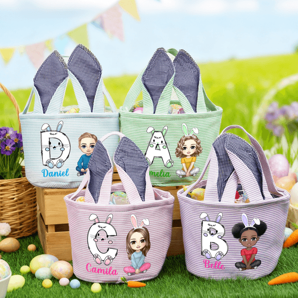 Personalized Cartoon Character Canvas Striped Basket with Name and Initial Party Favor Eggs Hunting Easter Gift for Kids