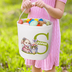 Personalized Cartoon Bunny Flower Basket Canvas Easter Basket with Name and Initial Egg Hunting Accessories Easter Gift for Boys Girls