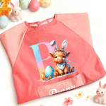 Personalized Bunny Ears Highland Cow Kid Painting Baking Apron with Name and Front Pocket Outdoor Activities Easter Gift for Kids
