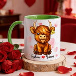 Personalized Love Heart Highland Cow Ceramic Coffee Mug with Name Daily Use Valentine's Day Wedding Gift for Couple