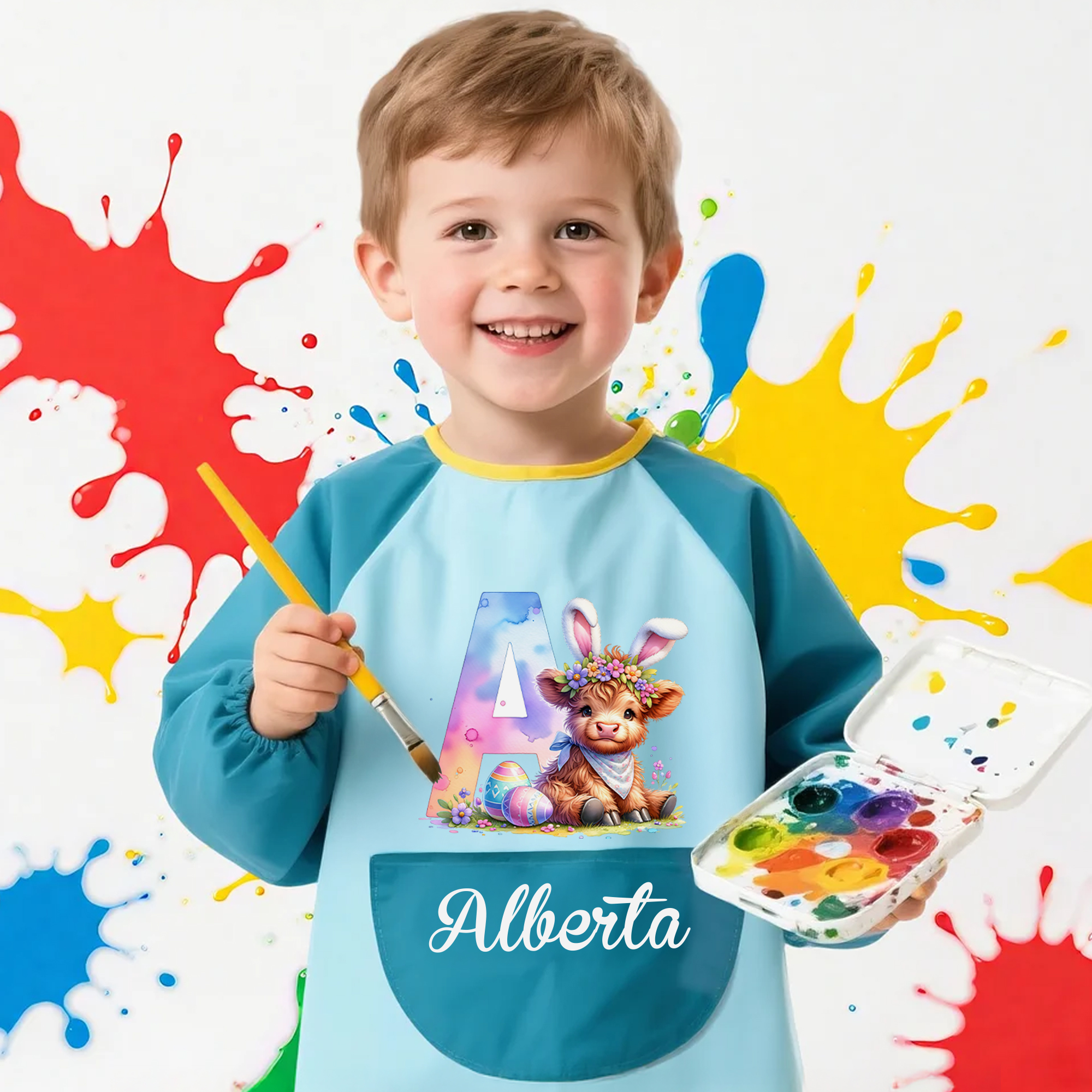 Tablier de peinture pour enfants avec nom et poche frontale Cadeau de Pâques pour les enfants