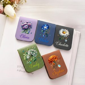 Personalisiertes Retro Geburtsblume Geburtsstein Lesezeichen aus PU-Leder mit Namen und Magnet Geburtstag Geschenk für Bücherliebhaber Bücherwürmer