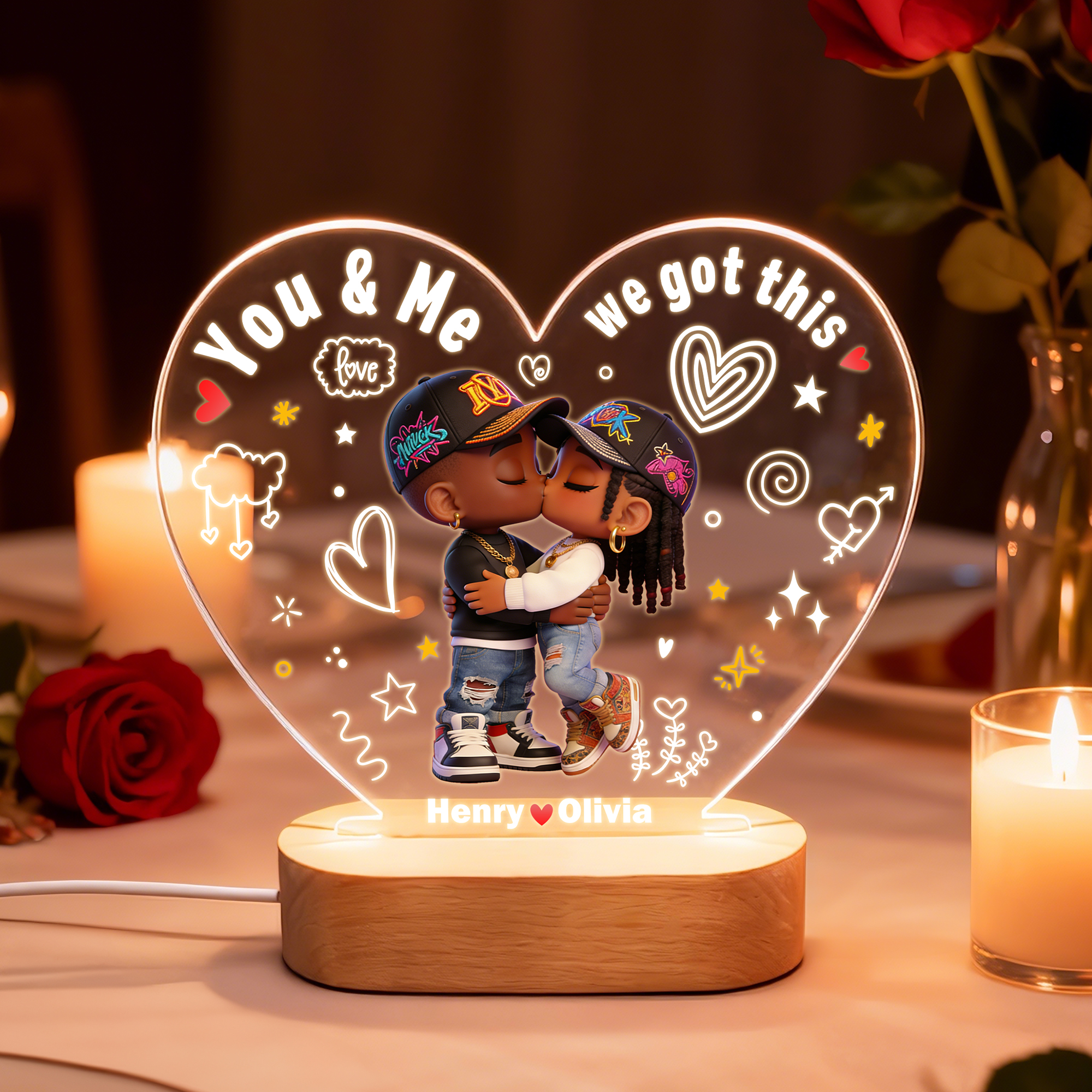 Veilleuse LED en acrylique avec nom, titre, année et socle en bois Cadeau de Saint-Valentin pour un couple