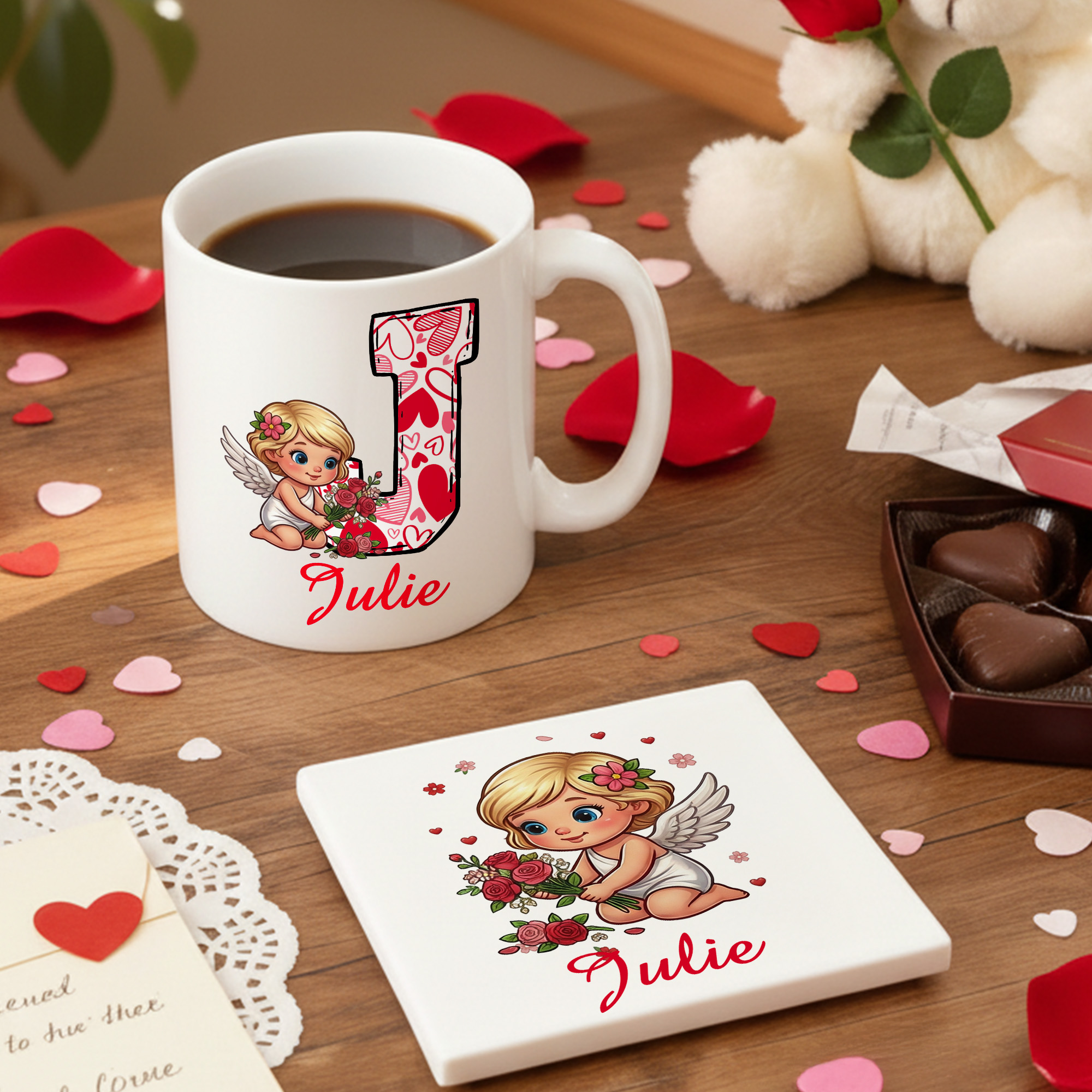 Tasse en céramique personnalisée avec nom et dessous de verre Cadeau de St Valentin pour elle et lui