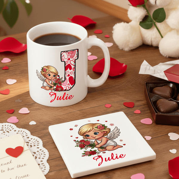 Personalized Angel Cupid Rose Heart Design 11 oz 15 oz Ceramic Mug with Name and Coaster Valentine's Day Gift for Her Him