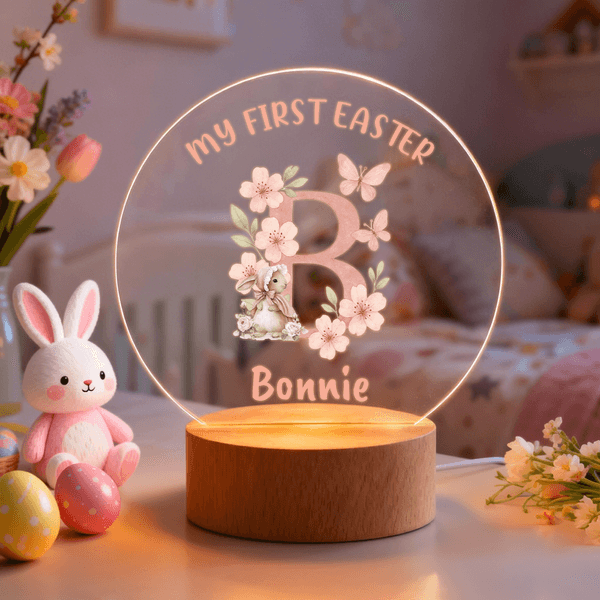 Personalized Watercolor Pink Initial Floral Bunny Acrylic LED Night Light with Name and Wooden Base Nursery Decor Easter Birthday Gift for Kids