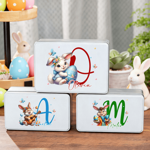 Personalised Easter Bunny Eggs Food Grade Metal Biscuit Tin Storage Box with Name and Initial Easter Holiday Gift for Family Kids