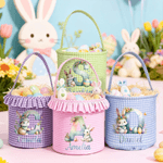 Personalised Cute Bunny Gradient Colour Initial Plaid Easter Basket with Name and Ruffles Eggs Hunting Party Easter Gift for Kids