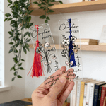 Personalized Pink Bow Birth Flower Bouquet Clear Acrylic Bookmark with Name Quote and Tassel Birthday Library Bookish Gift for Bookworms