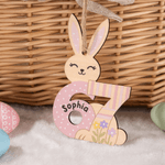Personalised Cute Bunny Flower Six Seven Wooden Ornament with Name Basket Decor Easter Gift for Kids