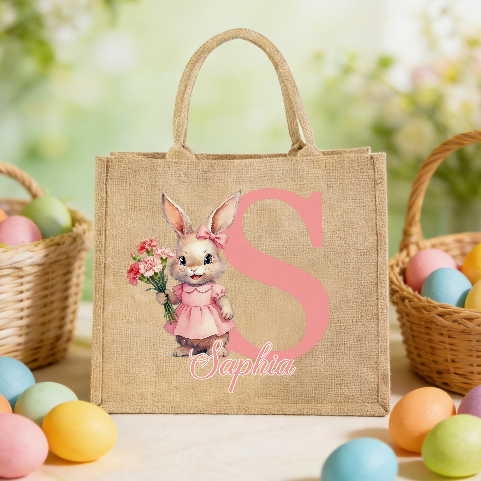 Sac en toile de jute personnalisé avec le nom et l'initiale du lapin de Pâques Cadeau de Pâques pour les garçons et les filles