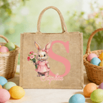 Personalized Easter Bunny Birth Flower Jute Tote Bag with Name and Initial Egg Hunting Party Easter Gift for Boys Girls