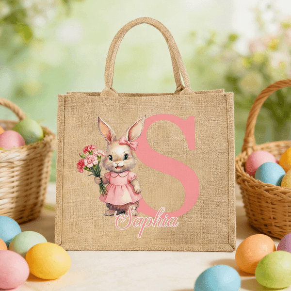 Personalized Easter Bunny Birth Flower Jute Tote Bag with Name and Initial Egg Hunting Party Easter Gift for Boys Girls