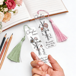 Personalized Pink Bow Birth Flower Bouquet Clear Acrylic Bookmark with Name Quote and Tassel Birthday Library Bookish Gift for Bookworms