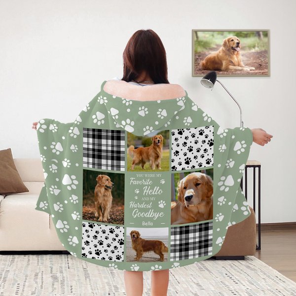 Personalised Paw Print 4 or 6 Dog Cat Photo Collage Soft Hooded Blanket with Name Memorial Sympathy Gift for Loss of Pet