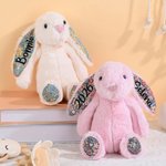 Personalised Floral Ear Stuffed Bunny Plush Toy with Embroidered Text Baby Shower Easter Birthday Gift for Boys Girls