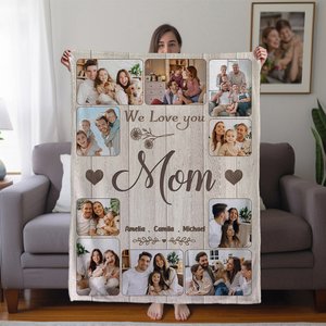 Personalised 10 Family Photos Soft Throw Blanket with 1-8 Names and Text Home Decor Mother's Day Father's Day Birthday Gift for Mom Grandma Dad