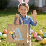 Personalized Easter Bunny Birth Flower Jute Tote Bag with Name and Initial Egg Hunting Party Easter Gift for Boys Girls