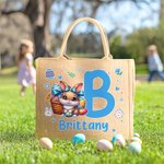 Personalized Cute Cartoon Easter Bunny Large Jute Tote Bag with Name and Initial Easter Gift for Kids Family Friends