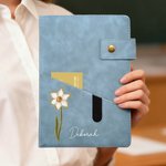 Personalized Birth Flower Name PU Leather A5 Notebook with Storage Pocket and Lined Pages Office Supplies Birthday Gift for Friend Family