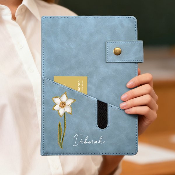 Personalized Birth Flower Name PU Leather A5 Notebook with Storage Pocket and Lined Pages Office Supplies Birthday Gift for Friend Family