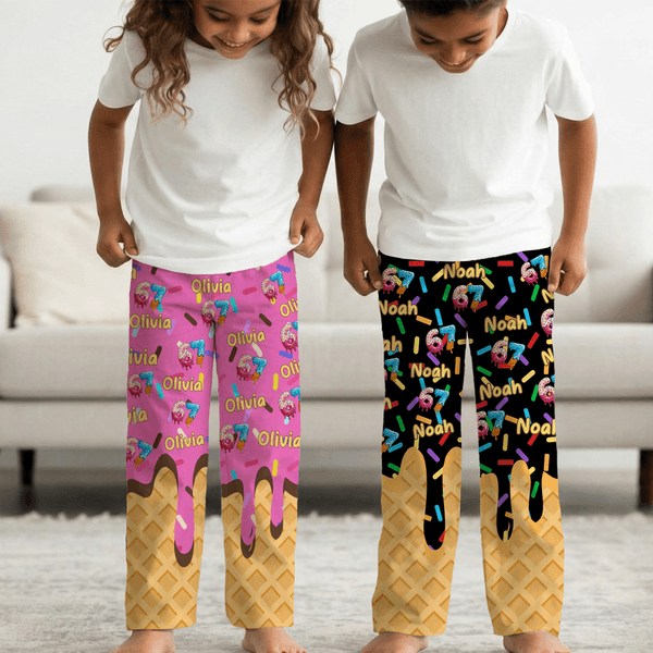 Personalised Ice-Cream 67 Name Multicolor Kid Woman Man Pyjama Pants with Drawstring Daily Wear Birthday Gift for Family Friend