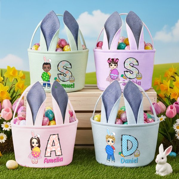 Oeuf de Pâques personnalisé Panier de Pâques rayé avec nom et initiales Favoris de Pâques Cadeau de chasse aux oeufs pour enfants