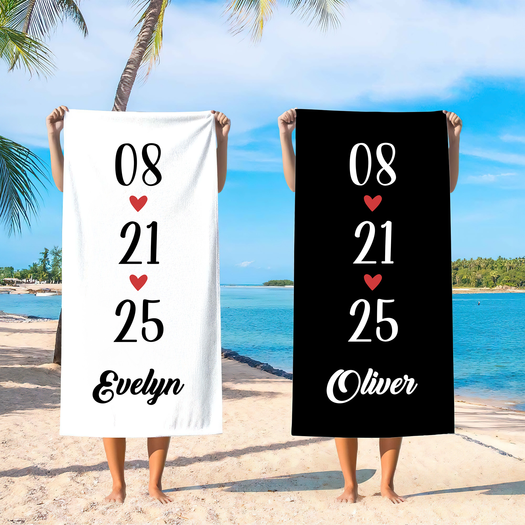 Serviette de plage pour couple en microfibre à séchage rapide avec nom et date Cadeau de Saint-Valentin pour les couples mariés