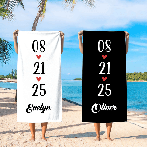 Personalized Heart-Patterned Quick-Dry Microfiber Couple Beach Towel with Name and Date Valentine's Day Gift for Couples Married Couples