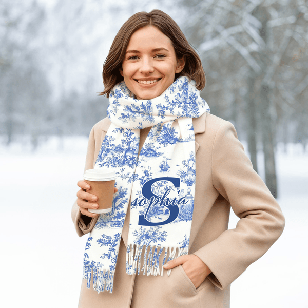 Personalized Toile De Jouy Floral Initial Name Soft Warm Scarf with Tassel Winter Accessory Anniversary Birthday Gift for Women