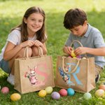 Personalized Easter Bunny Birth Flower Jute Tote Bag with Name and Initial Egg Hunting Party Easter Gift for Boys Girls