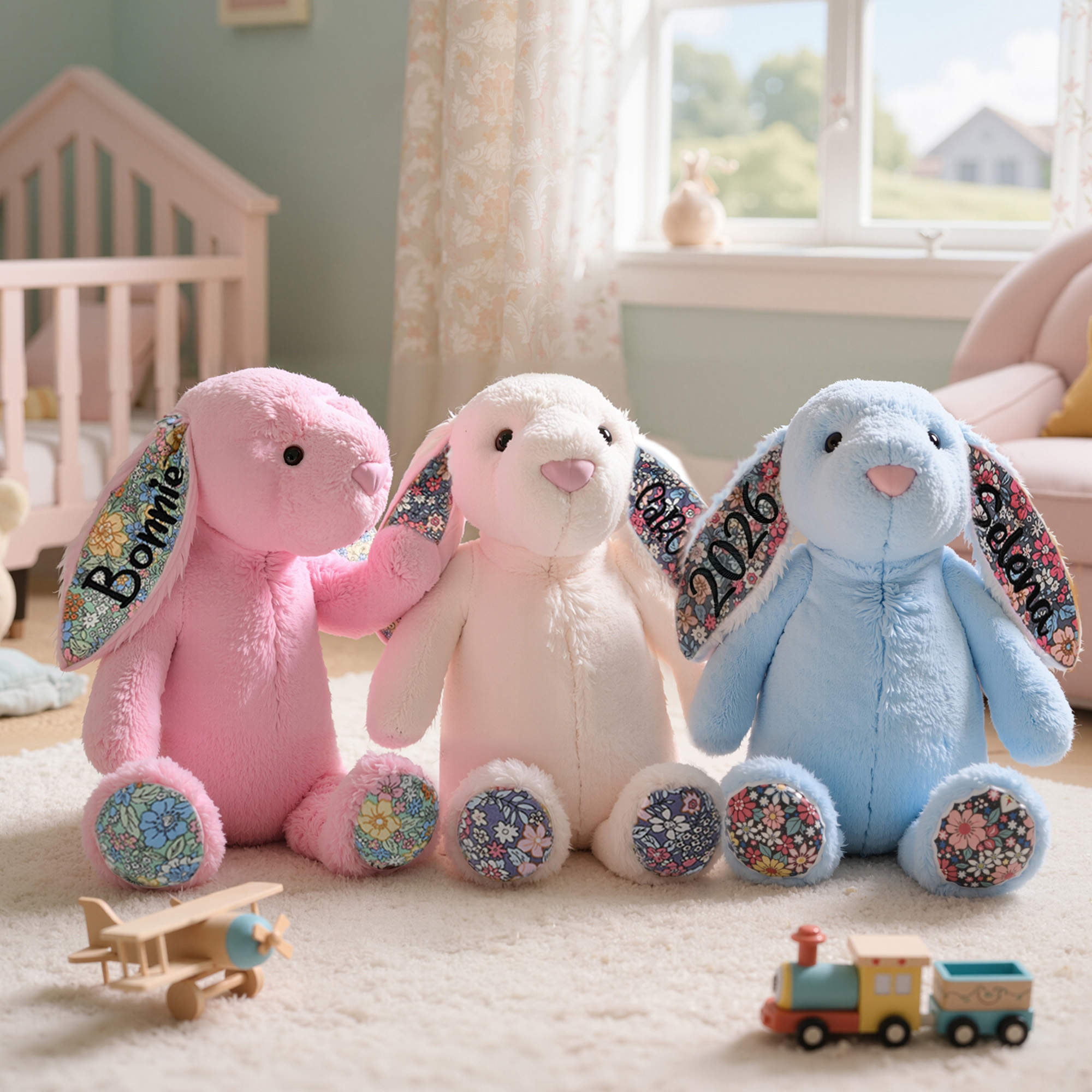 Peluche Lapin à Grandes Oreilles Fleuries Personnalisée avec Texte Brodé Cadeau de Naissance ou d’Anniversaire pour Garçon Fille