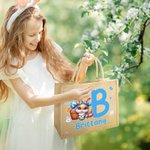 Personalized Cute Cartoon Easter Bunny Large Jute Tote Bag with Name and Initial Easter Gift for Kids Family Friends