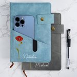 Personalized Birth Flower Name PU Leather A5 Notebook with Storage Pocket and Lined Pages Office Supplies Birthday Gift for Friend Family
