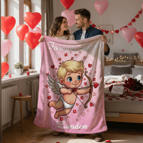 Personalized Heart Rose Cupid Soft Throw Blanket with Name Home Decor Valentine's Day Gift for Couple
